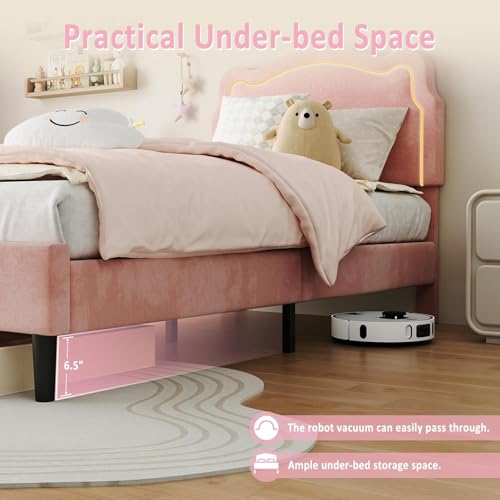 Image of GarveeHome Twin Upholstered Smart LED Bed Frame with Headboard, Velvet Princess Platform Bed Frame for Kids, Wooden Slats Support, No Box Spring Needed (Pink)