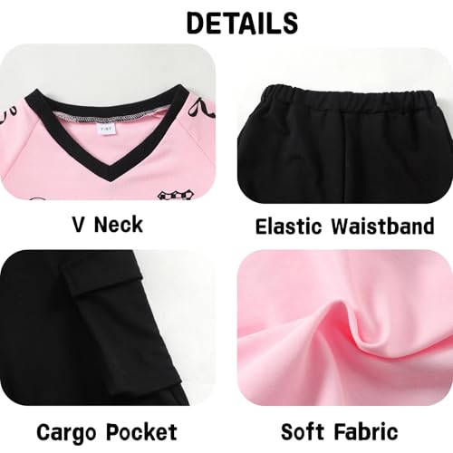 Image of Tween Girls Clothes Short Sleeve Graphic T-Shirt Top + Cargo Pants 2pcs Outfit Set, Size 7-15Years