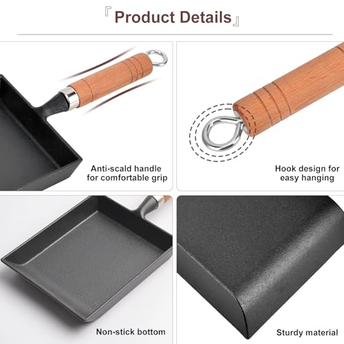 Image of Tissting Japanese Tamagoyaki Omelette Pan 14.4x6.1 Inch (36.6x15.5 cm) | Square Cast Iron Skillet, Non-Stick Coating, Universal for Induction, Gas Stovetops, for Breakfast & Home Cooking