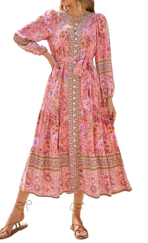 R.Vivimos Women's Long Sleeve Boho Midi Dress V Neck Floral Print Casual...
