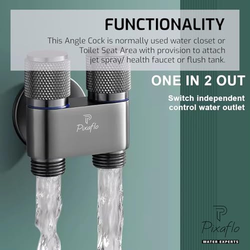 Image of Pixaflo Compact Brass 2 Way Angle Cock | 2-in-1 Angle Valve with Wall Flange | For Bathroom, Toilet, Wash Basin | Black Finish