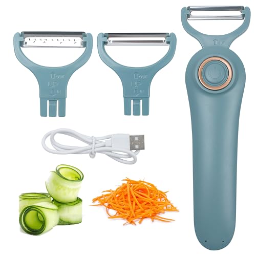 3-in-1 Electric Peeler Fruits and Vegetables Cordless for Kitchen, Handheld Julienne Blade Slicer Tool Set for Potatoes Cucumber Apples Carrot, Electrico Automatic Stainless Steel Pro Gadgets-Blue