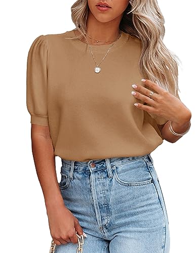 Image of Womens Puff Short Sleeve Sweater Tops Crewneck Basic Knit Pullover Lightweight Casual Sweaters