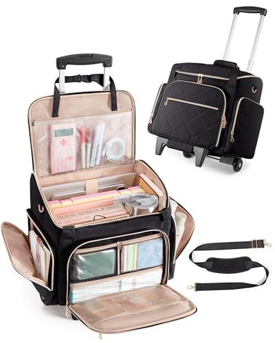 Marscamd Rolling Teacher Bag with 15.6' Laptop Compartment, Wheeled Work Briefcase Tote with Detachable Trolley for Women, Black