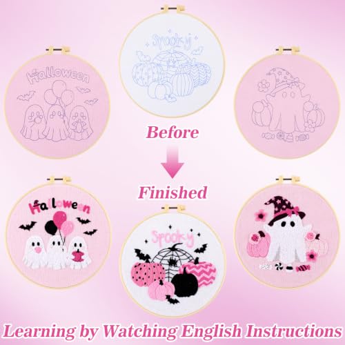 Image of Mindsoft 3 Set Needlepoint Kit for Beginners with Hoop,Pink Halloween | Bamboo Hoop Thread Needles Instructions, Easy Hand Embroidery for Beginners Home Crafts,Pre-stamped Funny Cute Designs