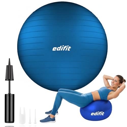 EDIFIT, Gymnastikball, 55, 65 und 75, Pezziball, Einschließlich Inflator, Pilates Ball, Sitzball, Pilates, Yoga Ball, Gymnastik (75 cm, Blau)