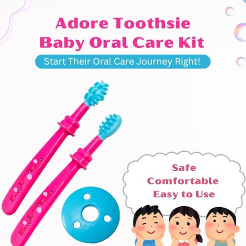 Image of Adore Toothsie Baby Toothbrush |Oral Kit with Soft Chewable Bristle Beginner Brushing | Silicone Toothbrush for Toddler Kids (2Pcs) (Pink, Standerd)