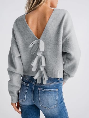 Image of Saodimallsu Womens Bow Sweater Cropped V Neck Long Sleeve Pullover Tops