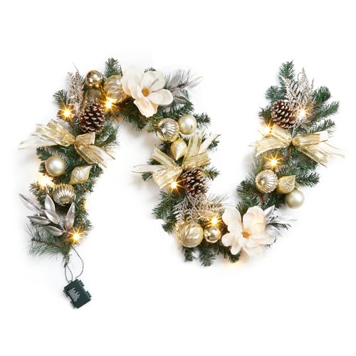 6FT Pre-Lit Christmas Garland, Xmas Garland with 20 Led Lights & Timer for Mantle Staircase Table, Winter Garland with Ribbon, Xmas Balls, Snowflake, Battery Operated, Gold