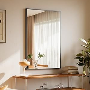 BEAUTYPEAK 81x61cm Rechteckiger Wandspiegel, Badezimmerspiegel mit schwarzem Aluminiumrahmen, Bruchsicherer Wandspiegel für Bad, Schlafzimmer, Wohnzimmer, Rectangular Bathroom Mirror