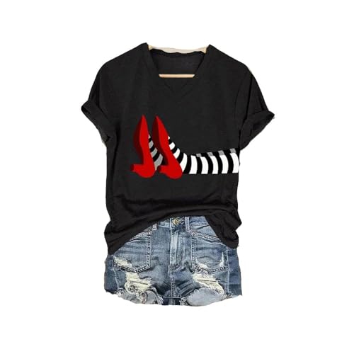 Halloween Red Shoes Print T-Shirt Witch Dont Make Me Drop A House On You T-Shirt Funny Halloween Shirts for Women