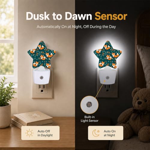 Image of Star Night Light Plug in, Fox Leaves Dusk to Dawn Sensor Night Light, Soft Glow Lamp for Kids Bedroom Nursery Hallway Bathroom, Energy Saving Compact Design