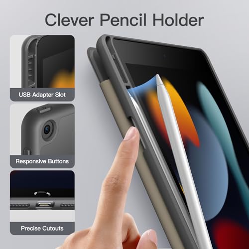 JETech iPad 9/8/7 マットケース(10.2インチ、 2021/2020/2019モデル、 第9/8/7世代用)Pencilホルダー つや消しの半透明の背面 薄型 スタンド 保護 タブレットカバー (スペースグレイ)