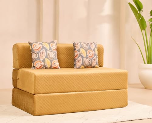 Image of uberlyfe Xtra High, Xtra Soft 2 Seater (4' x 6') Sofa Cum Bed| 1 Year Warranty |17 inch Sofa Height |Twin Size Foldable Bed |Plush Laser Quilted Fabric |2 Cushions Fall Leaf Pattern | Molten Caramel Color