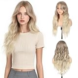 Aida ble Long Wavy Ash Blonde Wig with Curtain Bangs for Women 26 Inch Synthetic Wig Natural Looking Heat Resistant Fiber Hair Wig for Daily Party Halloween Cosplay Use