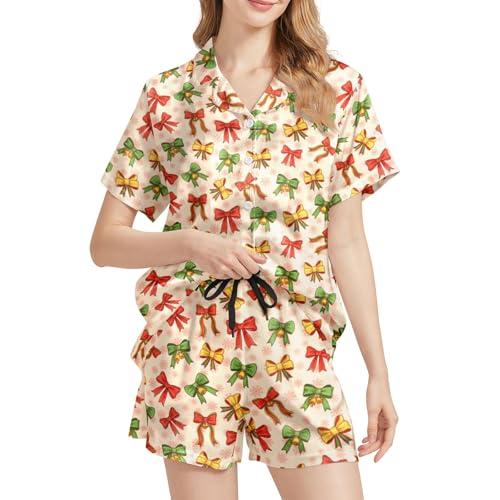 Image of Funny Satin Pajamas Set for Women Button Down Sleepwear Print Pjs Set 2 Piece Short Sleeve Loungewear Gift for Women