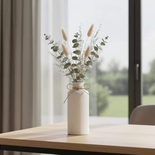 Image of PUREZENTO White Vintage Roman Bottle Vase - 7.4 Inch (Pack of 1) | Decorative Bottle Shape Vase with Twine Bow for Rustic, Farmhouse & Home Decor | Vases for Living Room, Dining Table & Office Styling