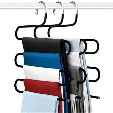 Velvet hangers,3 Pack Trouser Hangers Space Saving hangers for clothes, S-Type 5-Bar coat hangers with velvet multi trouser hangers, non-slip pants hangers for Trousers Scarfs Jeans Clothes Towels Cover