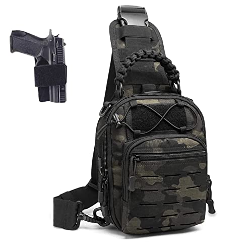 Larkoo Tactical Compact Concealed Carry Sling Bag Cut Molle Pistol Holster Edc Single Shoulder Chest Backpack Pack (Acu Black) #TOP6
