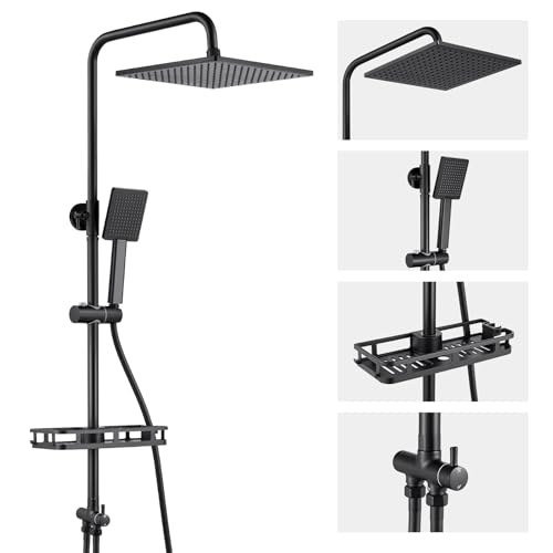 Auralum Adjustable Shower Riser Rail Kit with No Drill Shelf 10 Large Rainfall Shower Head Square Handheld Shower with Rotating Bracket Black Shower Set Easy DIY Install Fits UK Bathrooms