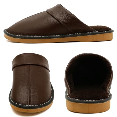 Slippers for Women Men, Genuine Leather Slippers Indoor Outdoor, Fuzzy Bedroom House Shoes for Women Men, Plush Lining Womens Sandals Slip-on3