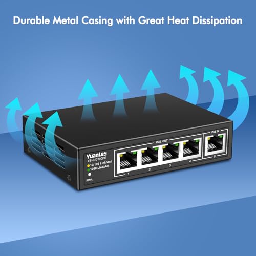 Image of YuanLey 5 Port PoE Extender Gigabit with 4 PoE Out, 90W in, IEEE 802.3af /at /bt Mini 5 Channel Switch1000Mbps, Metal Casing, 6KV Lightning Protection, Passthrough Switch, Plug and Play