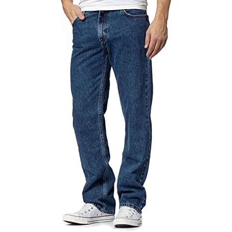 MA ONLINE Mens Straight Leg Heavy Duty Plain Denim Jeans Pants Adults Fancy Casual Wear Regular Pants Dark Blue L29/W44 Inches Cover