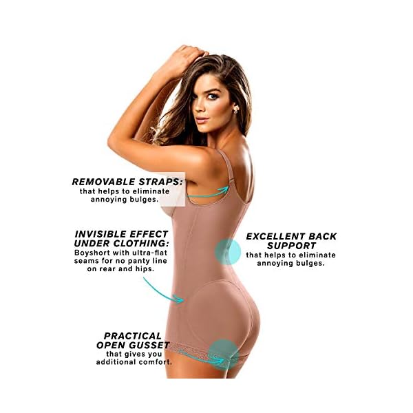 Leonisa-Tummy-Control-Body-Shaper-for-Women-Compression-Shapewear-Bodysuit Leonisa Women's Slimming Braless Firm Tummy Compression Body Shaper in Boyshort with Rear Lift,Beige,Large