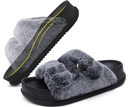 KuaiLu Zapatillas Mujer Fascitis Plantar Sandalias de plataforma Invierno Caliente Punta Abierta Pantuflas Antideslizante Goma Suela Interior Exterior, Negro EU40