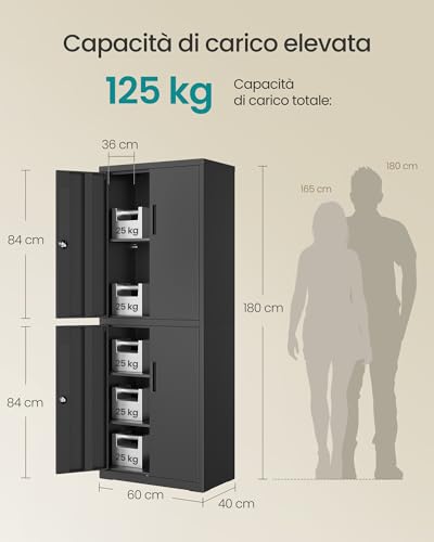 Songmics Armadietto Garage A 5 Ripiani Con 4 Ante, Armadio Ufficio, 40 X 60 X 180 Cm, 2 Serrature, Ripiani Regolabili, Armadio Metallo, Nero Opaco OMC017BD01 - 3