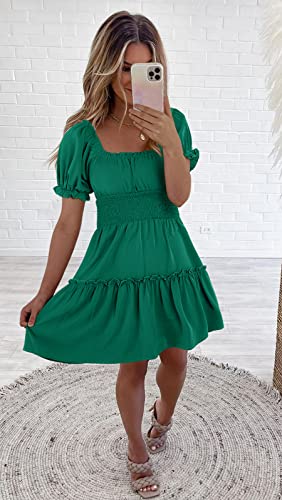 Image of Womens Babydoll Mini Dress Casual Square Neck Short Sleeve Summer Dresses | Empire Waist, Smocked, Flowy, Short Beach Dress, Vacation, Floral, Boho