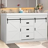 JBLCC 48' Bathroom Vanity with Sinks, Farmhouse Sliding Barn Doors Vanity, 2 Large Drawers with Metal Handles, Freestanding Bathroom Vanity Cabinet, White