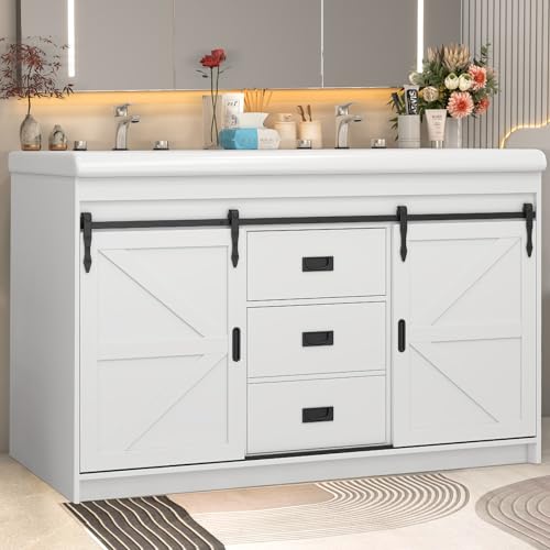JBLCC 48" Bathroom Vanity with Dual Sinks, Farmhouse Sliding Barn Doors Vanity for Bathroom with 2 Large Drawers, Metal Handles, Freestanding Bathroom Vanity Cabinet, 48'' W x 36'' H