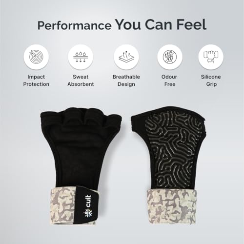 Image of CULT Half Finger Gym Gloves with Wrist Support for Men & Women | Anti-Slip Silicone Grip Exercise Gloves for Weightlifting, Workout, Pull Ups & Cross Training (Size S-M)