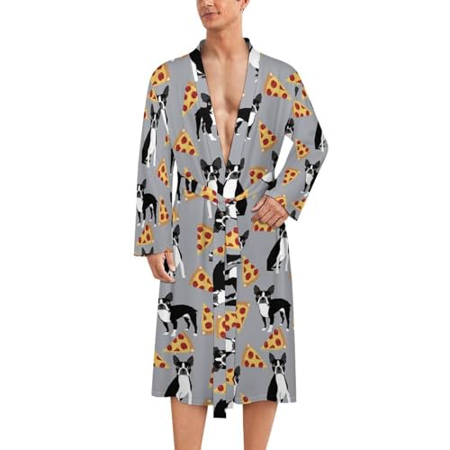 Boston Terrier Dog Pizza Lightweight Kimono Spa Bath Robes Knee Length Loungewear Long Sleeved Bathrobe