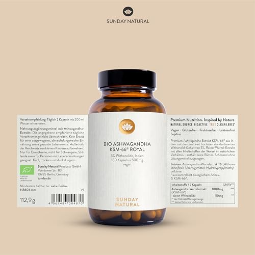 SUNDAY NATURAL® Bio Ashwagandha Kapseln - KSM-66® ROYAL – Hochdosiert 1.000mg Wurzelextrakt mit 50mg Withanoliden (5%) pro Tagesdosis – 180 Kapseln - Ashwaganda aus Indien