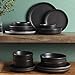 Gibson Elite Pasco 16 Piece (Service for 4) Plates and Bowls Double Bowl Reactive Glaze Dishes Stoneware Ceramic Dinnerware Set - Black