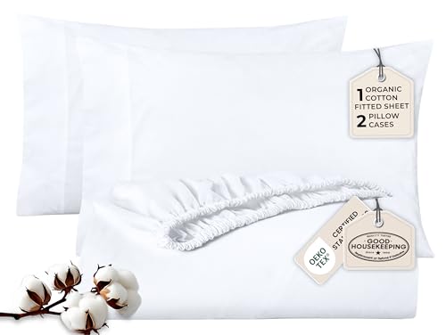 Image of ROYALE LINENS Fitted Sheet with Pillowcases - Queen Fitted Sheets with 2 Pillowcases - 300 Thread Count 100% Organic Cotton - Fits Mattress Up to 18 inch Deep - Soft & Breathable - White (No Flat Sheet)