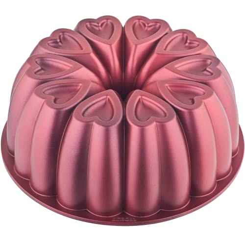 MIENCA Heart Shape Cast Aluminum Molded Cake Pan Titanium Coating Non-Stick 12 Cups Heavy Duty 10 Inch Pound Cake Pan Gifts for Mom Fluted Tube Pan Easy to Clean (Red)