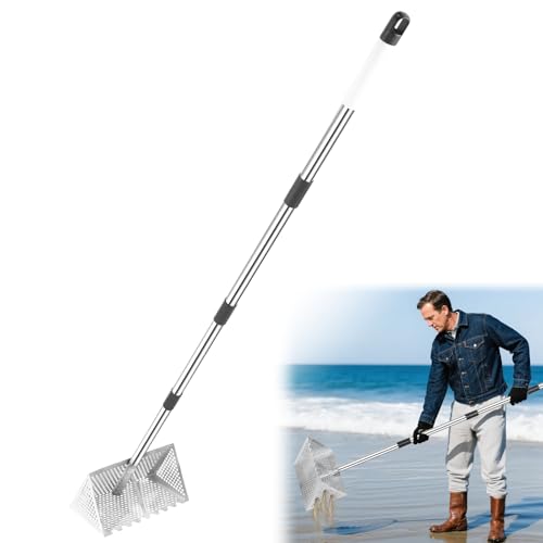 Sand Flea Rake Long Handle Sand Sifter with 65-Inch Pole - Stainless Steel Shark Tooth Sifter 13-Inch Wide Mesh Screen for Beach Seaside Collecting of Fleas Shark Teeth & Seashells