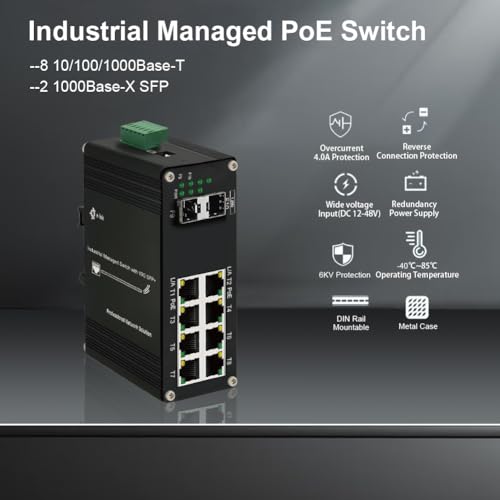 Image of Industrial Gigabit Managed PoE Switch - 8 Ports 10 /100 /1000Mbps Web Management DIN Rail PoE Switch with 2 SFP Slots, Network PoE Switch Support Ring Network, VLAN, STP /RSTP
