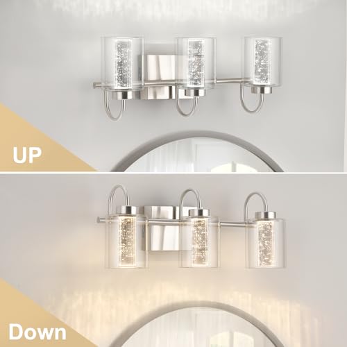 Image of Litake Bathroom Light Fixtures, 3 Light Brushed Nickel Bathroom Vanity Light Over Mirror with Crystal Bubble and Clear Glass Dimmable 3 Color Temperatures for Hallway Kitchen Bedroom Living Room