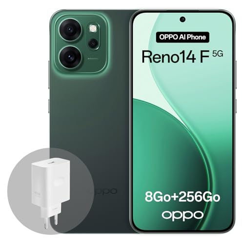 OPPO Reno14 F 5G 8+256Go, Smartphone Android Débloqué IA, Écran 6,57" 120Hz AMOLED, Caméra AI 50+32MP, Batterie 6000mAh, Résistance à l'eau IP69, Luminous Green (Inclut Chargeur 45W SUPERVOOC)