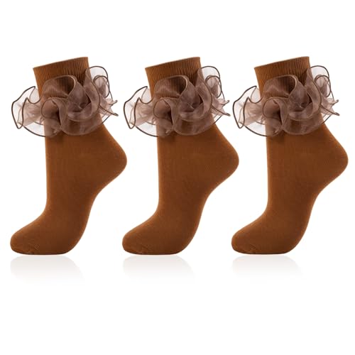 Image of Women Big Ruffle Ankle Socks Adult Double Lace Frilly Turn Cuff Dress Socks Cotton Cute Fancy Bobby Crew Socks