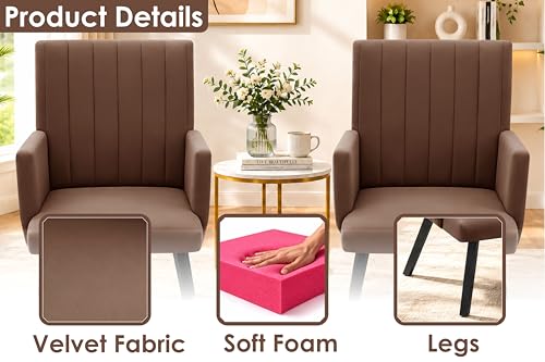 Image of Rosebell Modern Velvet Office Chairs Set of 2 with Armrests & Metal Legs | Upholstered High Back Leisure Chairs for Living Room, Bedroom, Office, Cafe & Dining Room | Brown