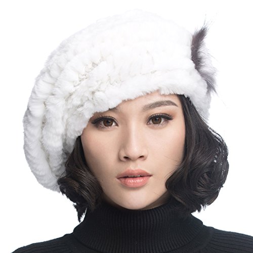 Ursfur Winter Women's Rex Rabbit Fur Beret Hats With Fur Flower (White) #TOP2