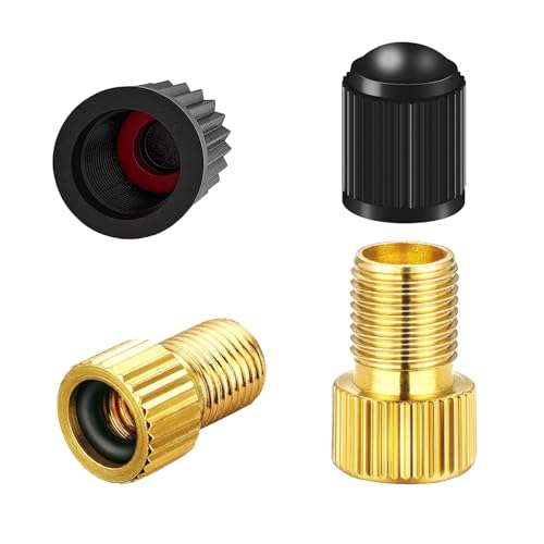 2 Pcs Brass Presta Valve Adaptor, Convert Presta to Schrader Adapter for Bike, Brass Adapter Converter Bicycle Valve, Inflate Tire Using Standard Pump or Air Compressor,Tyre Valve Caps (Gold, Black)