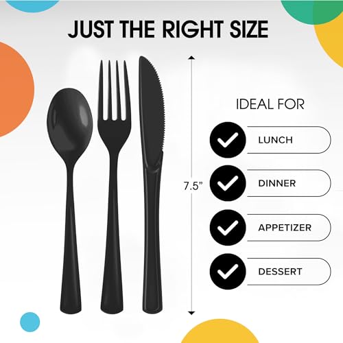 Party Solids Black Plastic Silverware Heavy Duty 150 Pieces Black Plastic Cutlery Sets, Utensil Sets, 50 Of Each Forks, Knives & Spoons Disposable Cutlery Set, Flatware Set For Party Supplies - Image 4