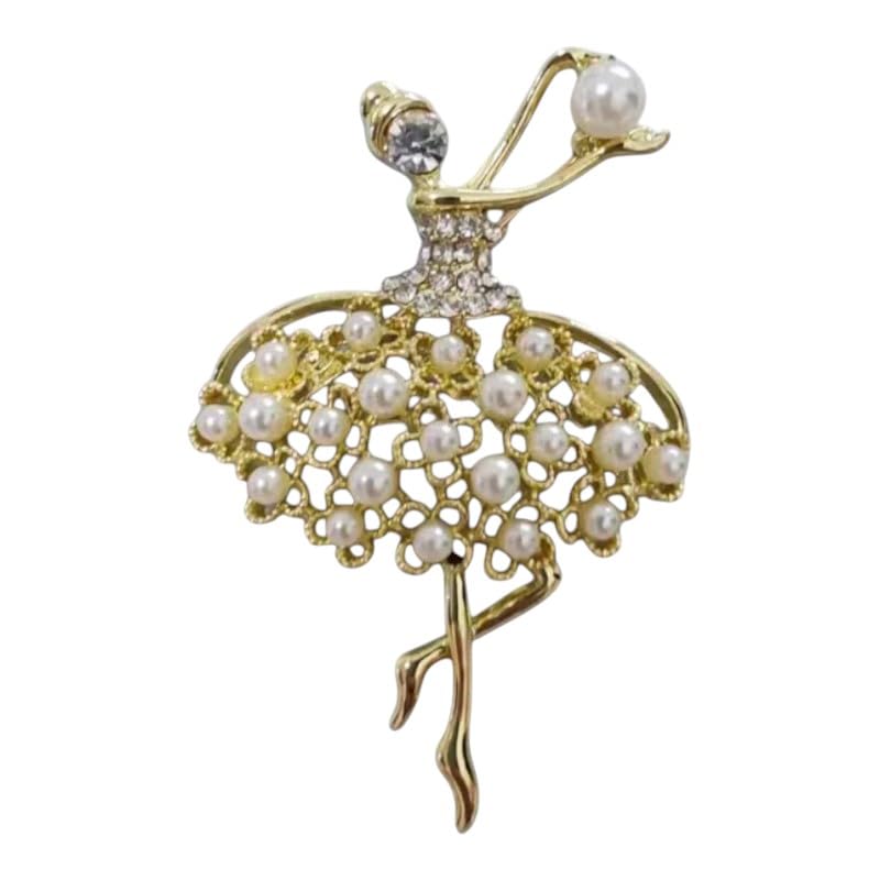 Ballerina Dancer Figure Brooch Pin, Alloy and Pearl, Modern Style, Gold Plated, 3x3x2 Centimeters, Lobster Claw Clasp-image-45