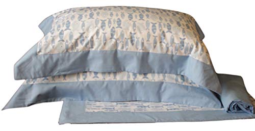Lavabile in lavatrice a 40° RICAMI FIORENTINI BALDI Completo Letto “Happy Fish” Cotone 100% con Balza. Lenzuolo sopra + sotto Angoli + federe con Volant. Anche su Misura. Prodotto Artigianale Toscano. Matrimoniale Standard.